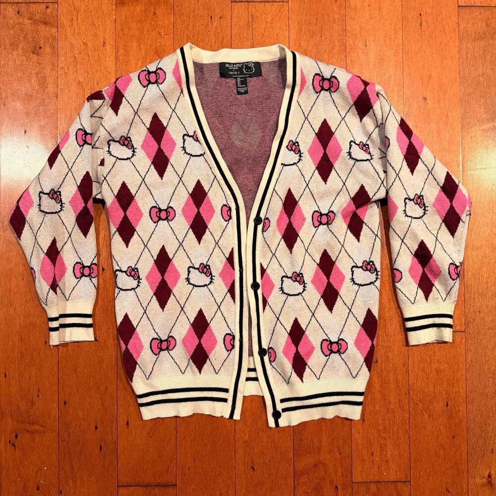 Hello Kitty x Forever 21 Argyle Cardigan Sweater Size S
